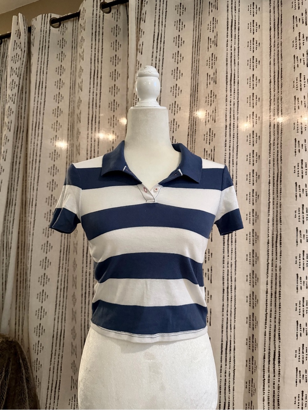 American Eagle Outfitters Navy and White Striped Polo Crop Top